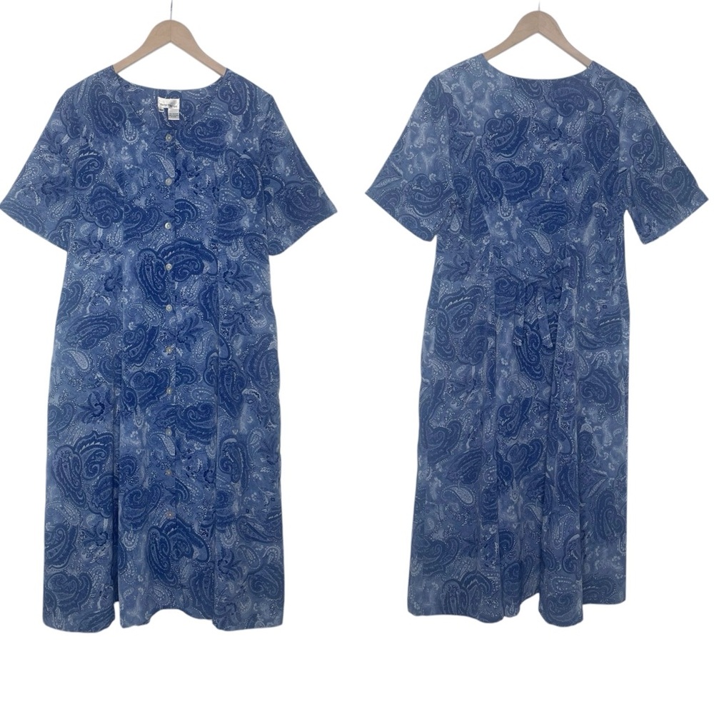 Vintage Rene Margo Blue Paisley Dress Size 16W Full Button Front Short Sleeves